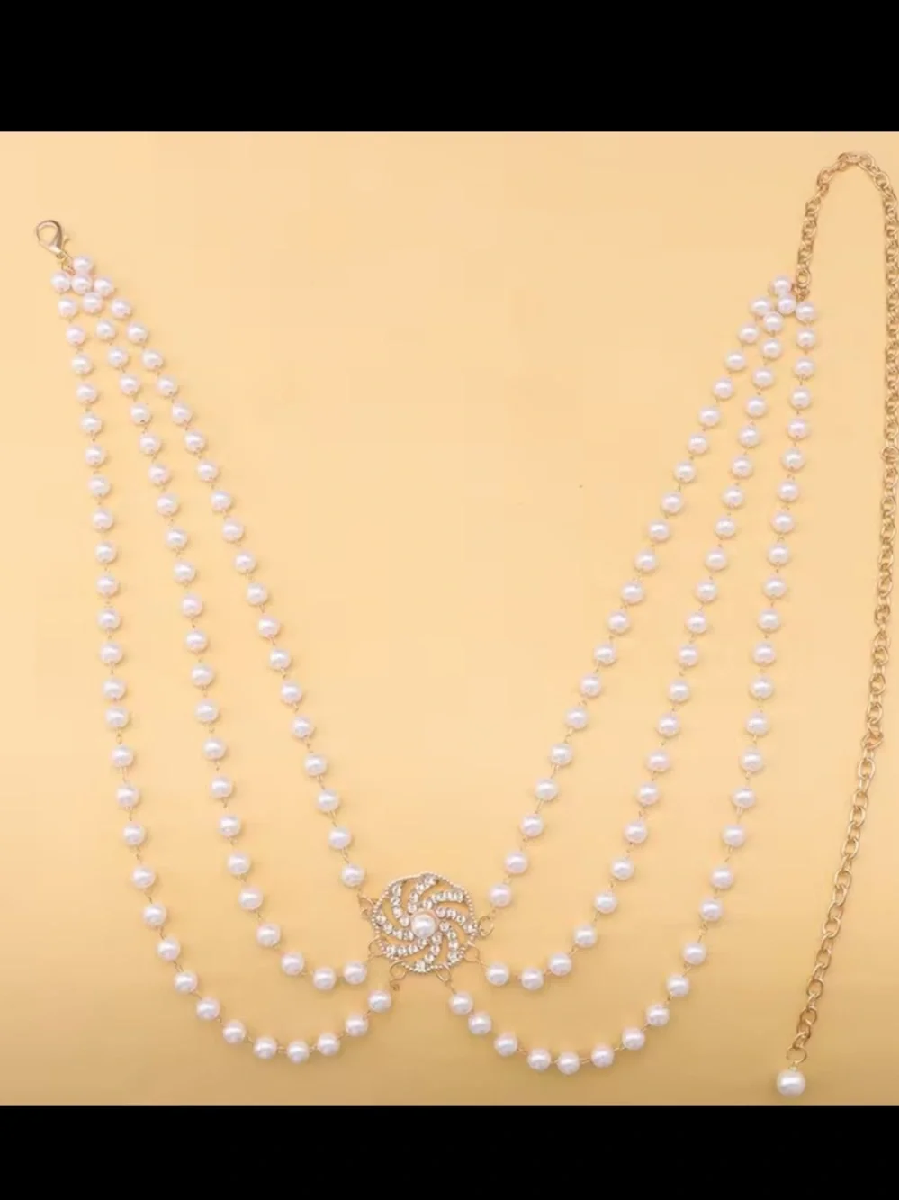 Anthropologie White Pearl Multi-Strand Waist Chain with Gold Medallion